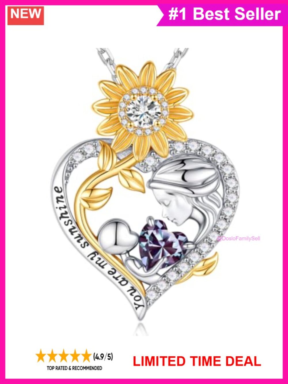 Sunflower Birthstone Pendant Necklace 925 Sterling Silver Mom Gift